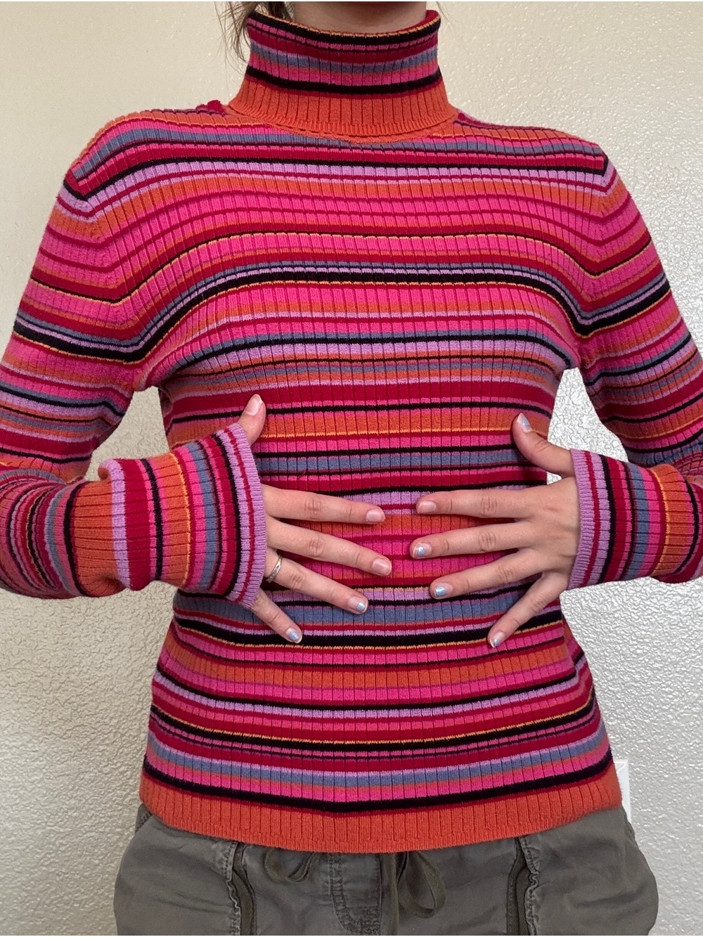 Sigrid Olsen Ribbed Turtleneck Sweater in Hot Pink, Orange & Red Stripes